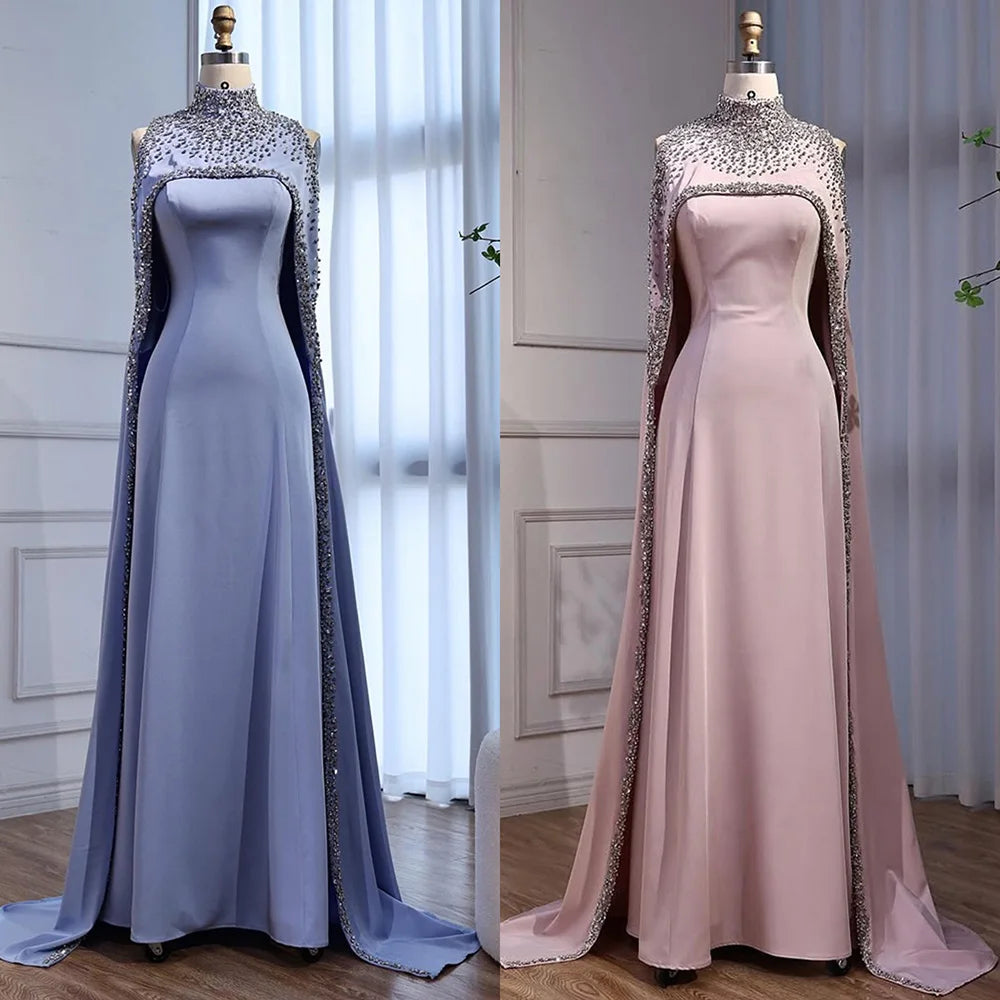 Elegant Blue High Neck Evening Dress with Crystals and Long Cape LA73068