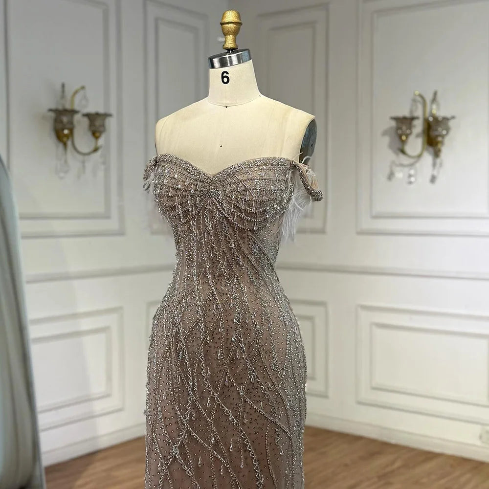 Luxury Dubai Nude Beaded Mermaid Evening Gown with Feather Formal Occasion LA72818
