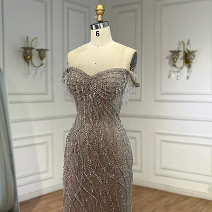 Luxury Dubai Nude Beaded Mermaid Evening Gown with Feather Formal Occasion LA72818
