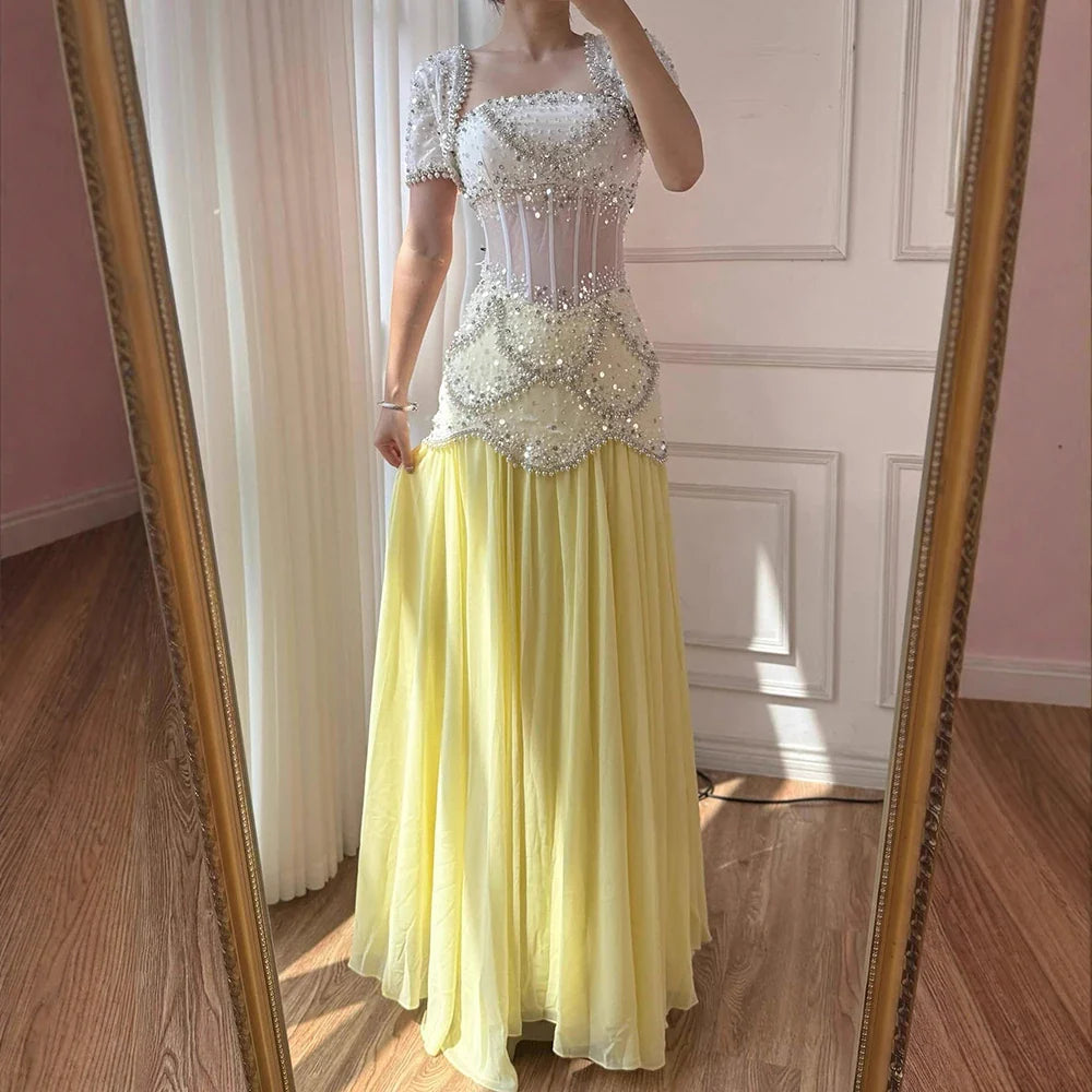 Luxury Yellow Pearls A-Line Evening Dress with Flowing Coat LA72978