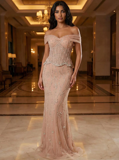 Luxury Nude Beaded Mermaid Evening Dress LA73336