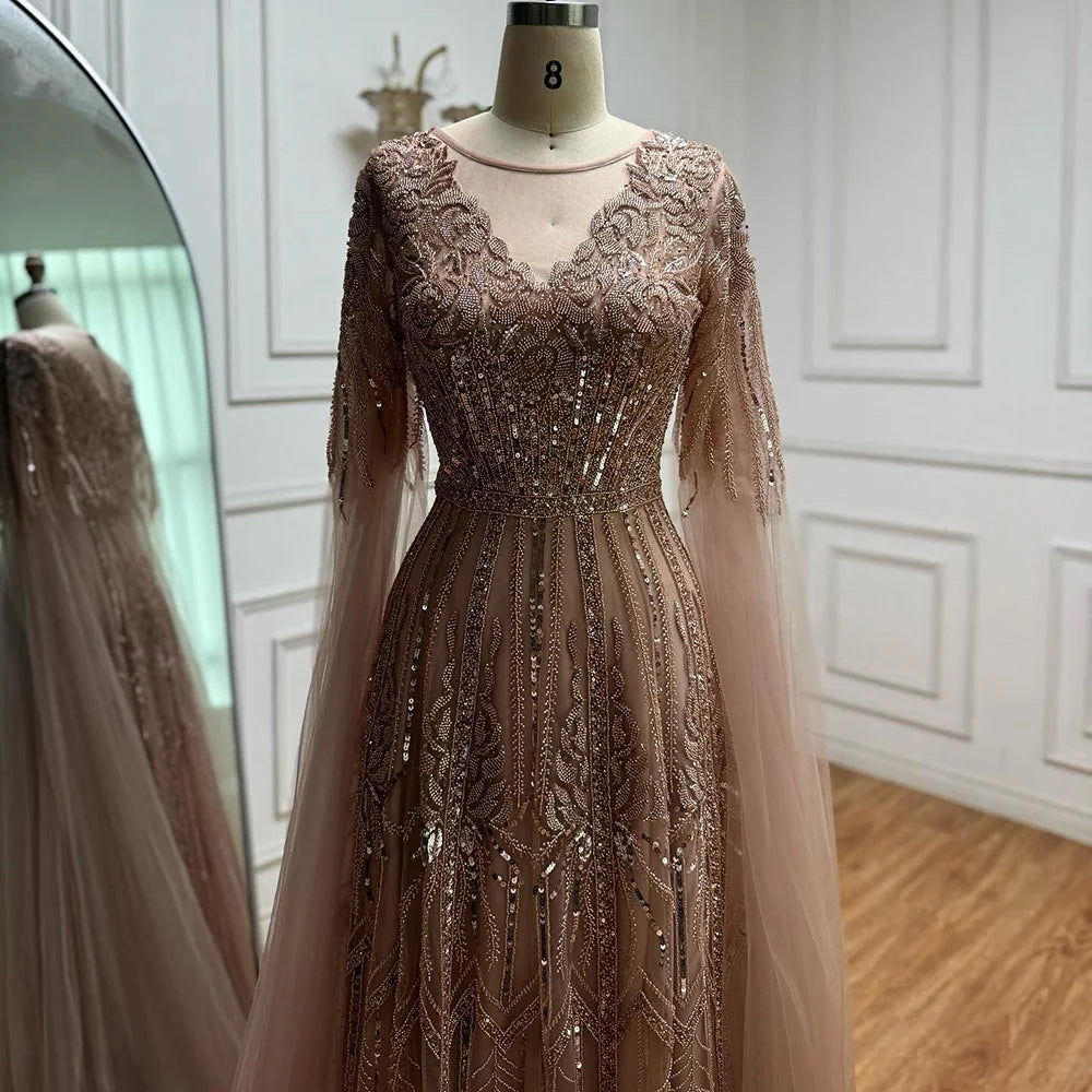 Rose Gold Beaded A-Line Evening Dress with Cape Sleeves LA73056