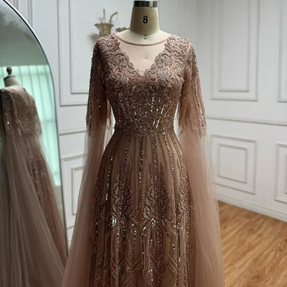 Rose Gold Beaded A-Line Evening Dress with Cape Sleeves LA73056
