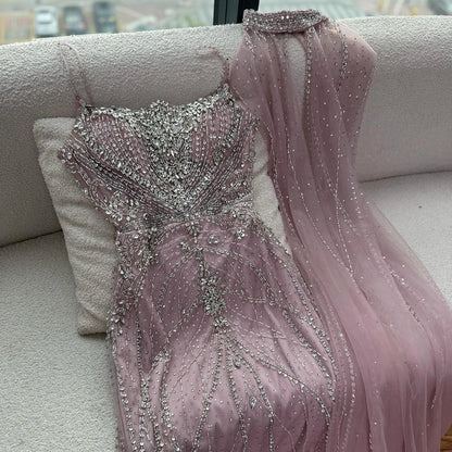 Luxury Dubai Nude Mermaid Evening Dress with Cape Sleeves LA73195