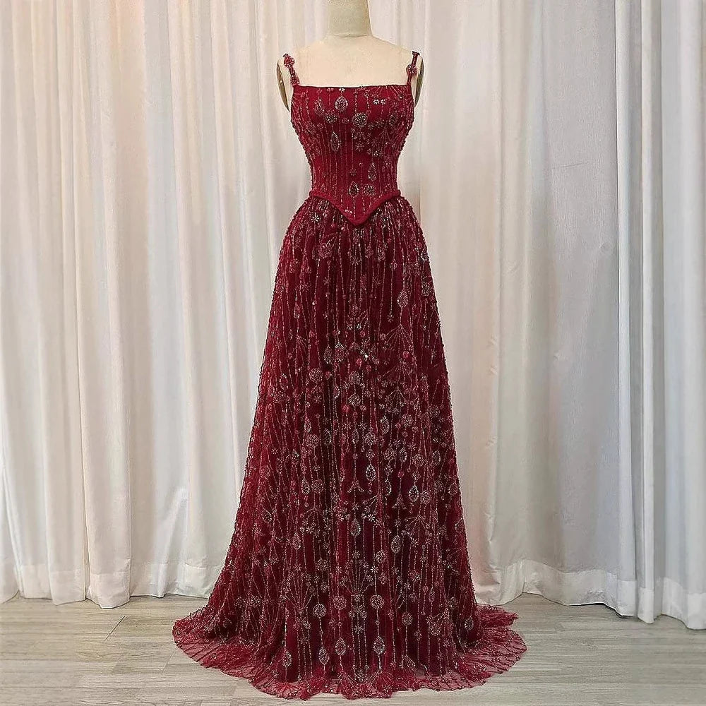 Luxury Sage Green Beaded A Line Spaghetti Strap Evening Dresses Gown LA72805