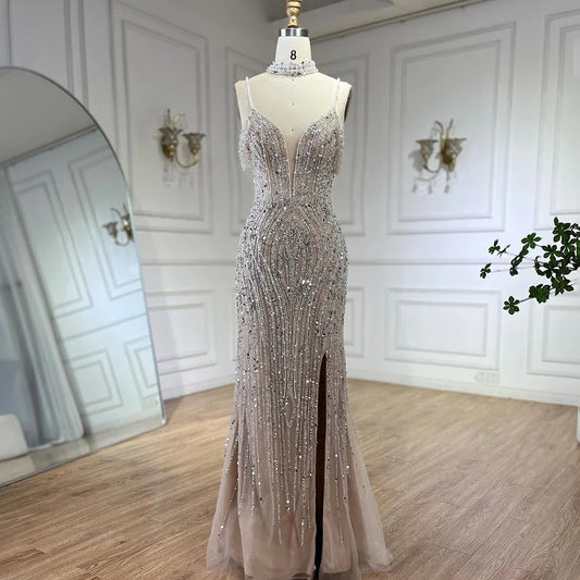 Luxury Silver Nude Beaded Evening Dress with Spaghetti Straps and High Slit LA72047C
