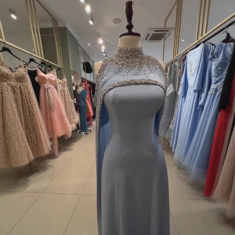 Elegant Blue High Neck Evening Dress with Crystals and Long Cape LA73068