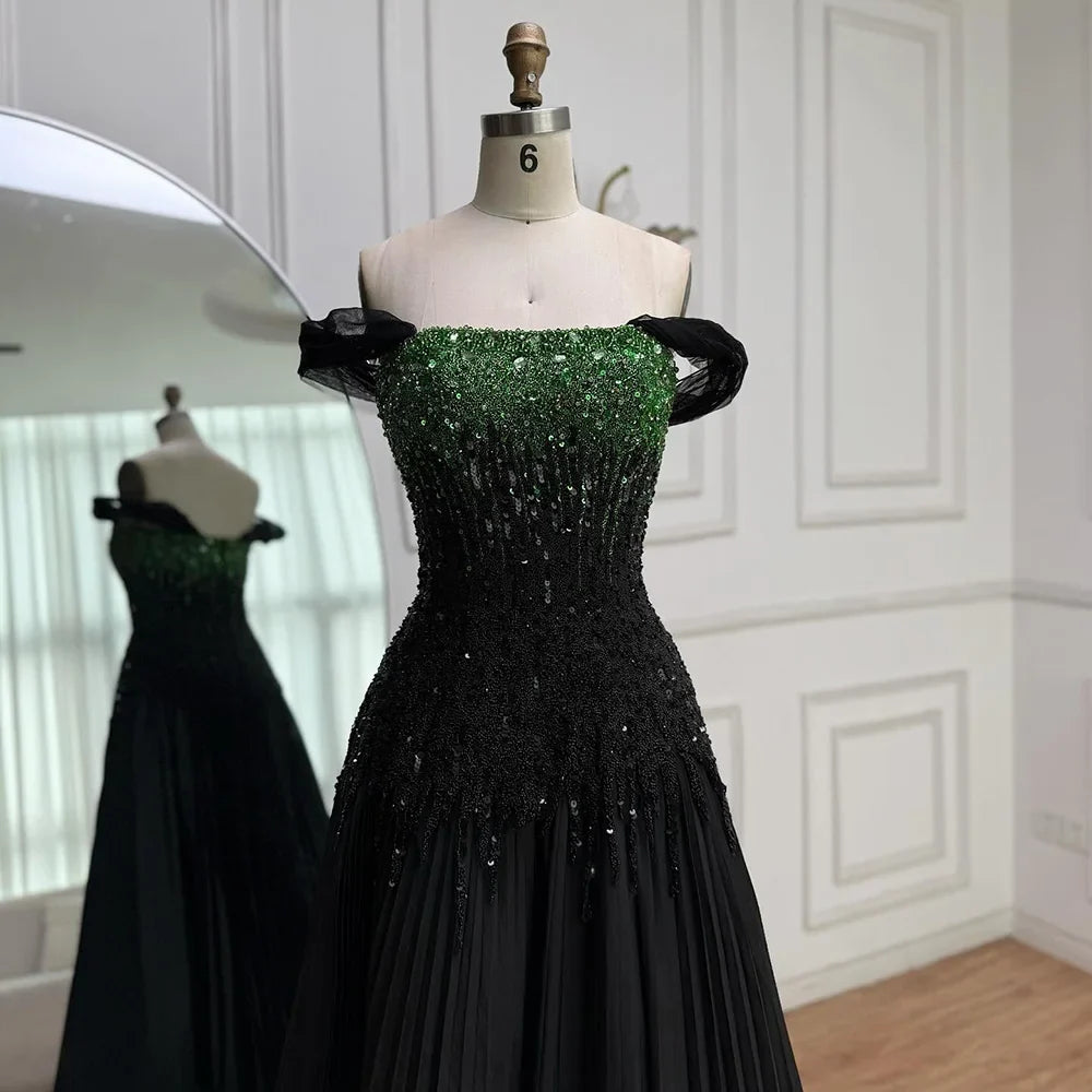 Luxury Beaded Black Green Strapless Dubai Evening Dress for Party LA72406