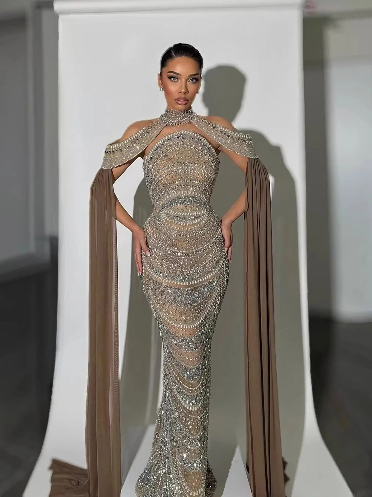 Luxury Caramel Kosovo Beaded Evening Dress with Cape LA73344