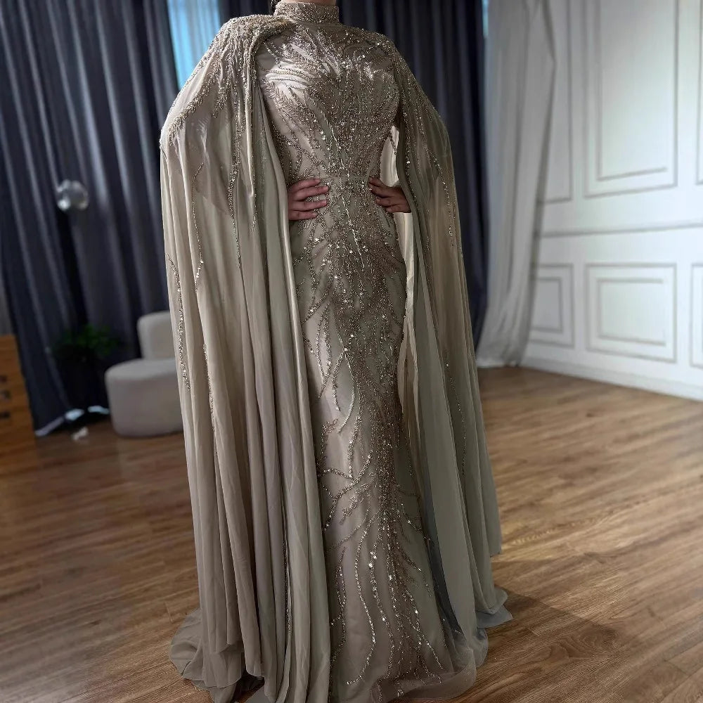 Luxury Muslim Sage Green Evening Dresses Gowns with Cape Long Sleeves LA72413A