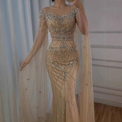 Luxury Pink Saudi Arabic Crystal Beaded Mermaid Evening Dress with Cape Sleeves LA73137