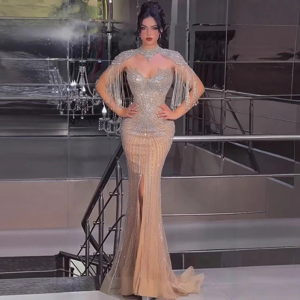 Nude Mermaid Evening Dress with Detachable High Neck Tassel LA72891A