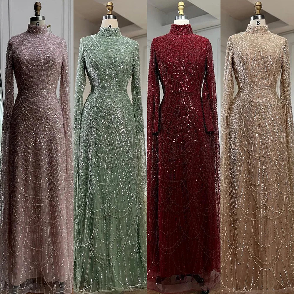 Luxury Dubai  Muslim Sage Green Pearls  Evening  Dress With Cape Plus Size LA72591