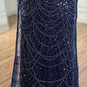 Luxury Turquoise Pearl Arabic Mermaid Evening Dress with Cape Sleeves LA72590A