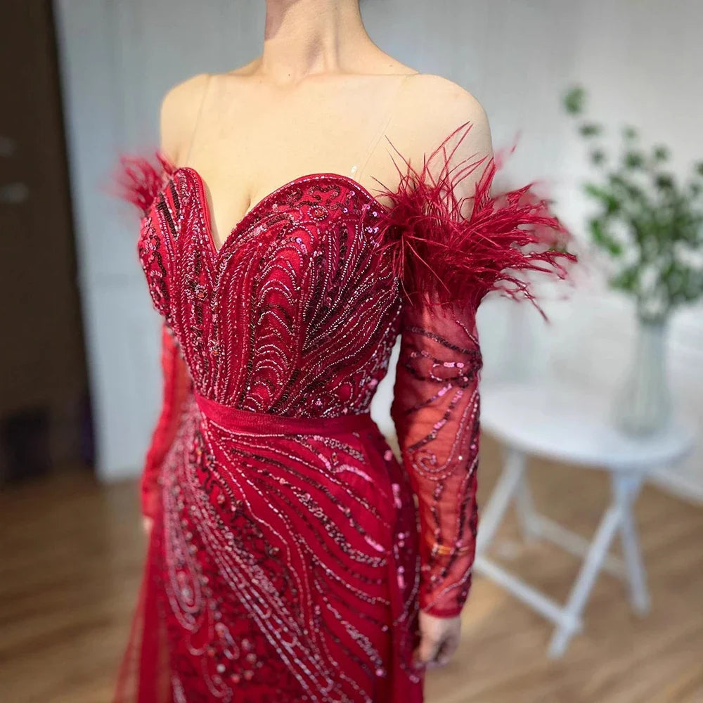 Luxury Arabic Nude Mermaid High Split Feather Beaded Evening Dress LA71910
