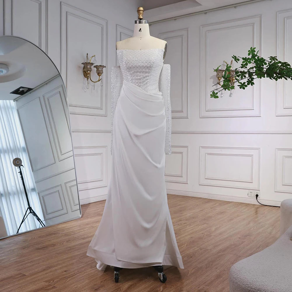 White   Beaded Evening Dress with Detachable Sleeves LA72293A