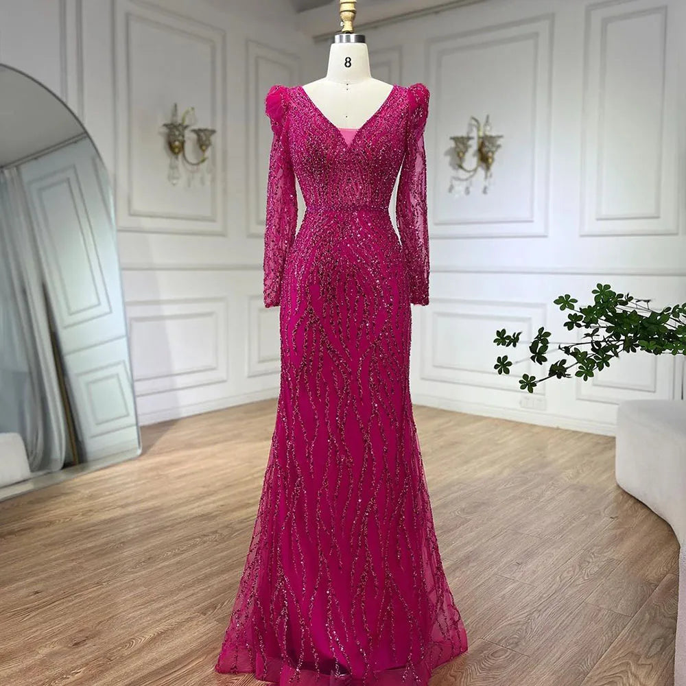 Luxury Blue Arabic Mermaid Beaded Evening Dress LA71931