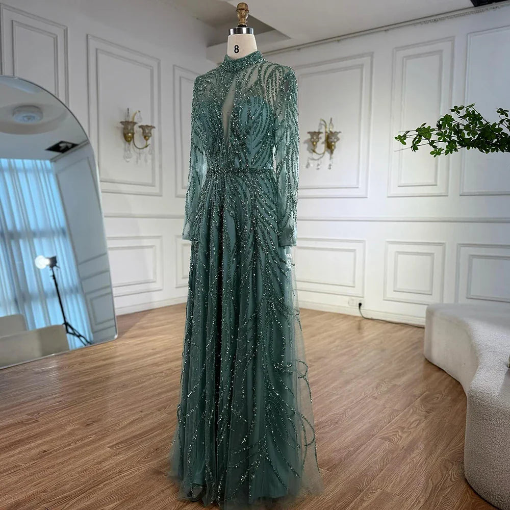 Elegant Turquoise High Neck A-Line Evening Dress Beaded LA71682A