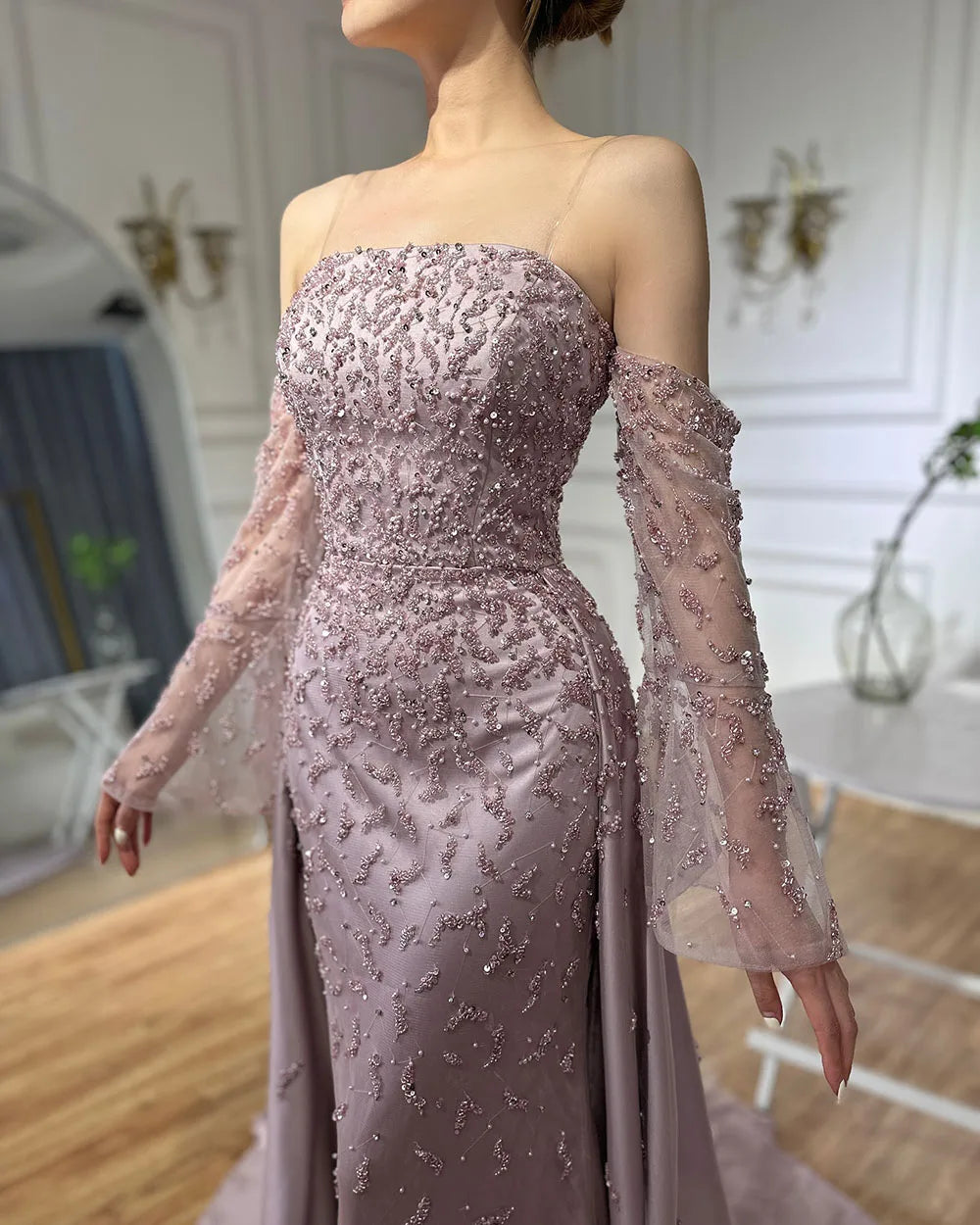 Luxury Blue Beaded Pearls Evening Dress with Removable Overskirt LA72705