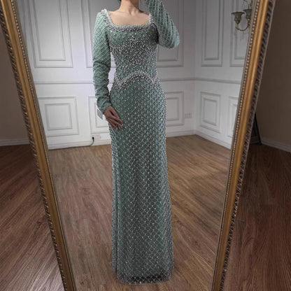 Luxury Pearl Beaded Mermaid Evening Dress with Long Sleeves LA72919A