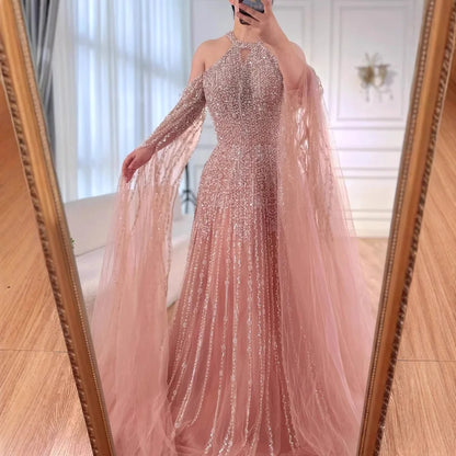 Luxury Turquoise Beaded A Line Evening Dress with Cape Sleeves LA72820