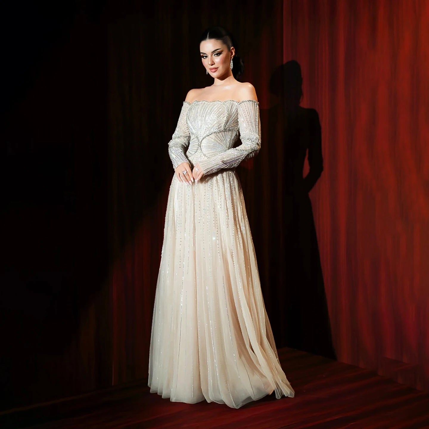 Luxury Beige Arabic A-Line Evening Dress 2026 For Wedding Party LA73333