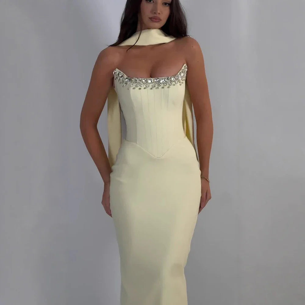 Luxury Yellow Crystal Beaded Mermaid Luxury Evening Dress Elegant LA73175A