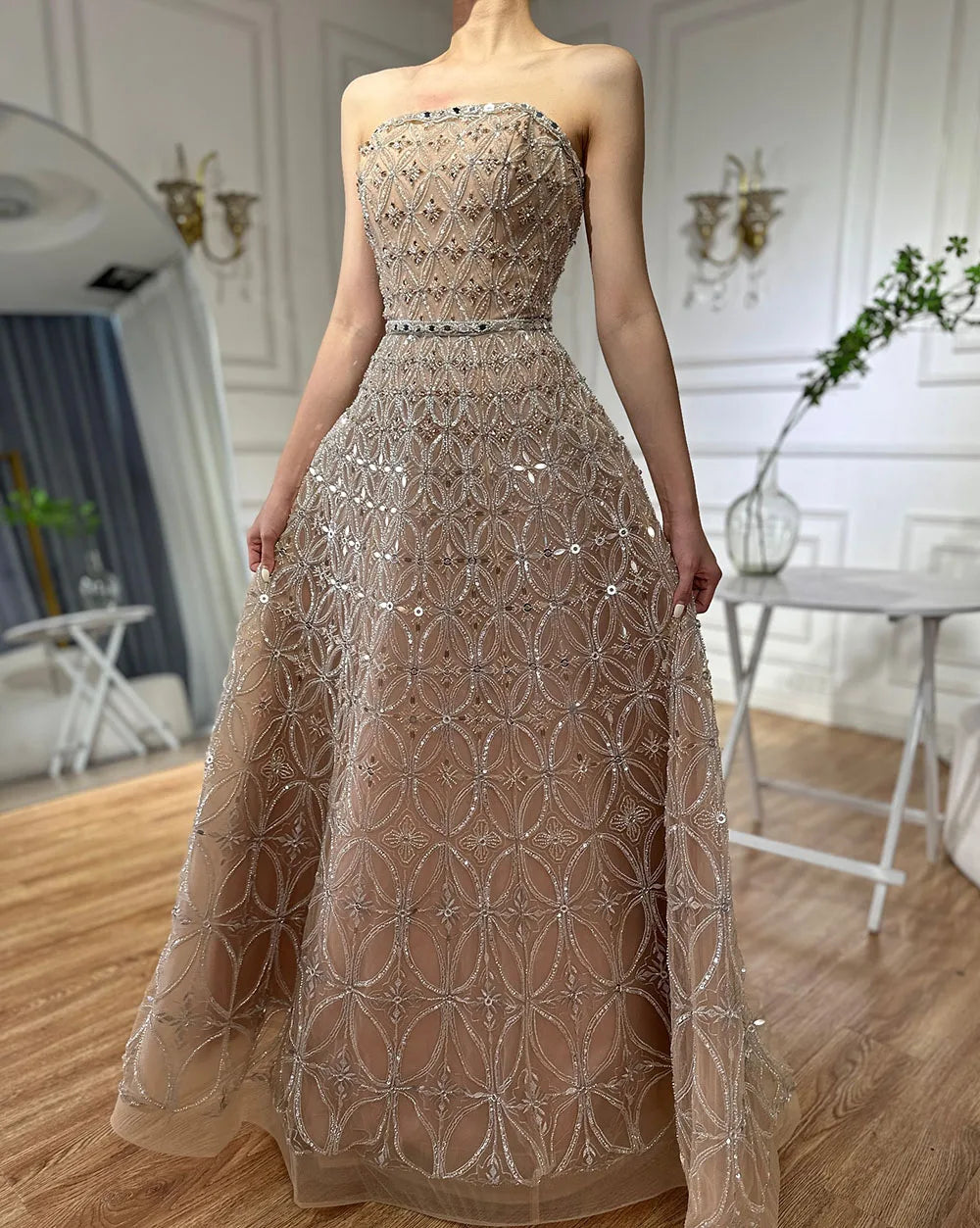 Luxury Dubai  Arabic Gray A Line Elegant Beaded Long Evening Dresses Gowns for Formal Occasion LA72755