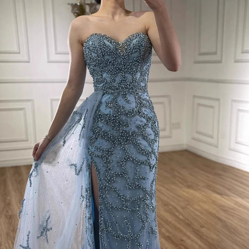 Luxury Saudi Arabic Blue Beaded Evening Dress with Slit LA72877