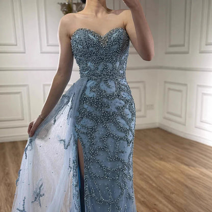 Luxury Saudi Arabic Blue Beaded Evening Dress with Slit LA72877