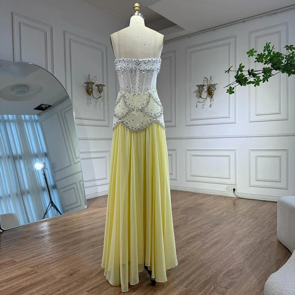 Luxury Yellow Pearls A-Line Evening Dress with Flowing Coat LA72978