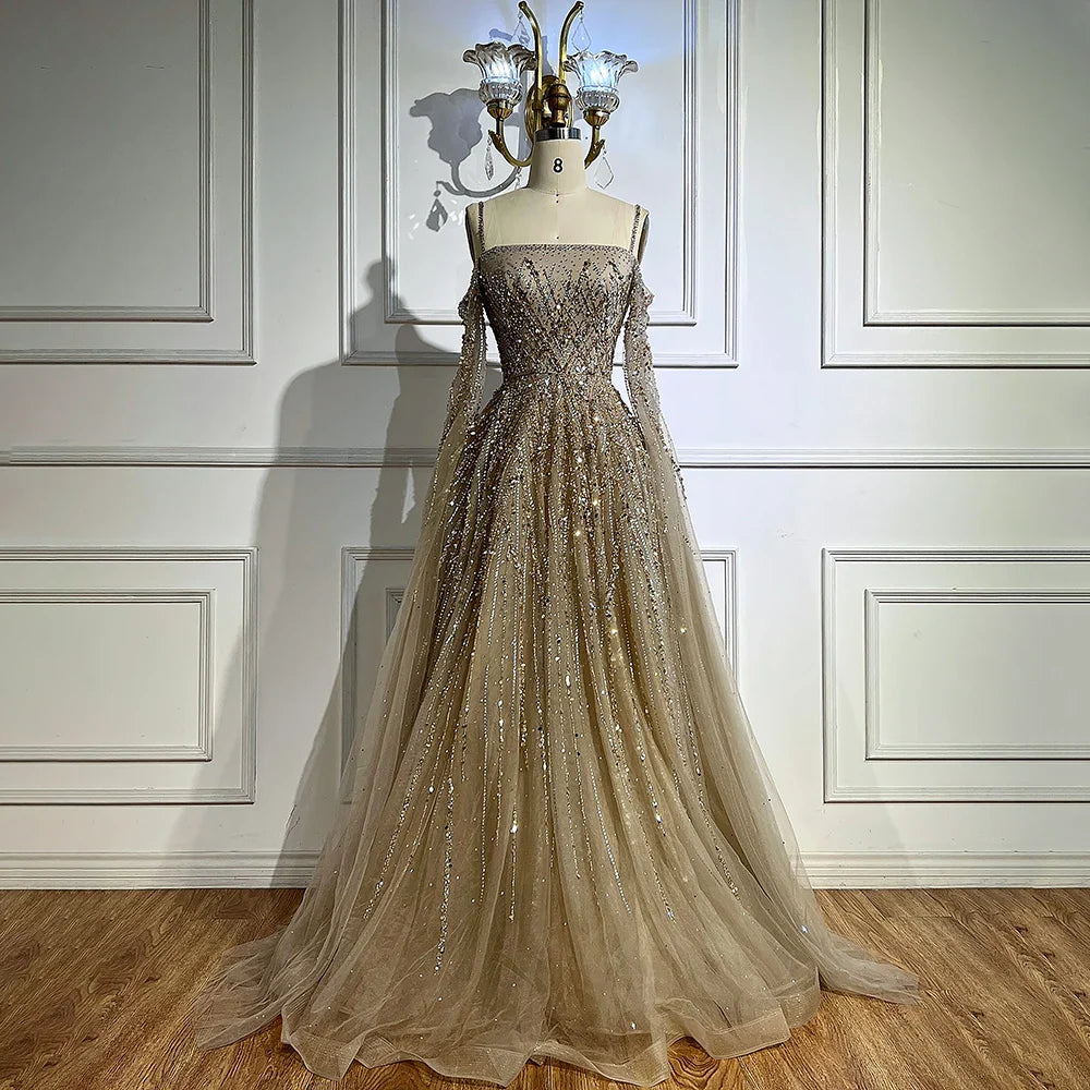 Luxury Caramel Evening Dress with Cape sleeves LA72957