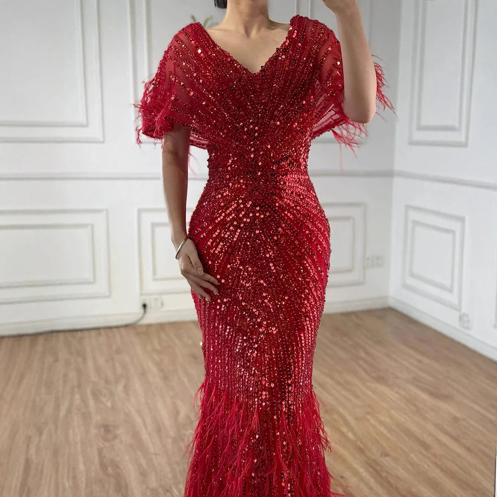 Luxury Arabic Red Mermaid Evening Dress with Feathers Beaded LA71323A