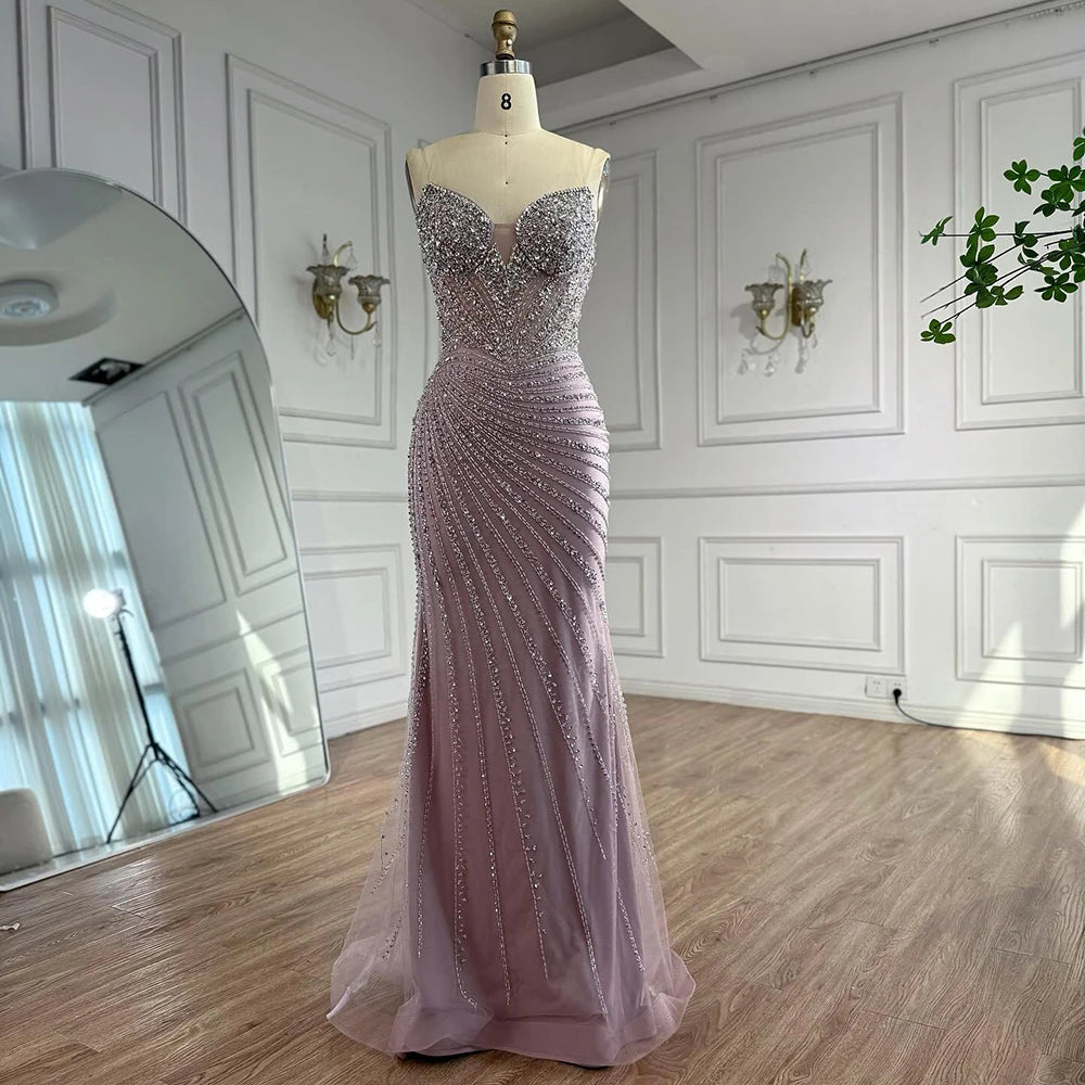 Luxury Pink Beaded Tassel Mermaid Evening Dress Long Gown LA73184