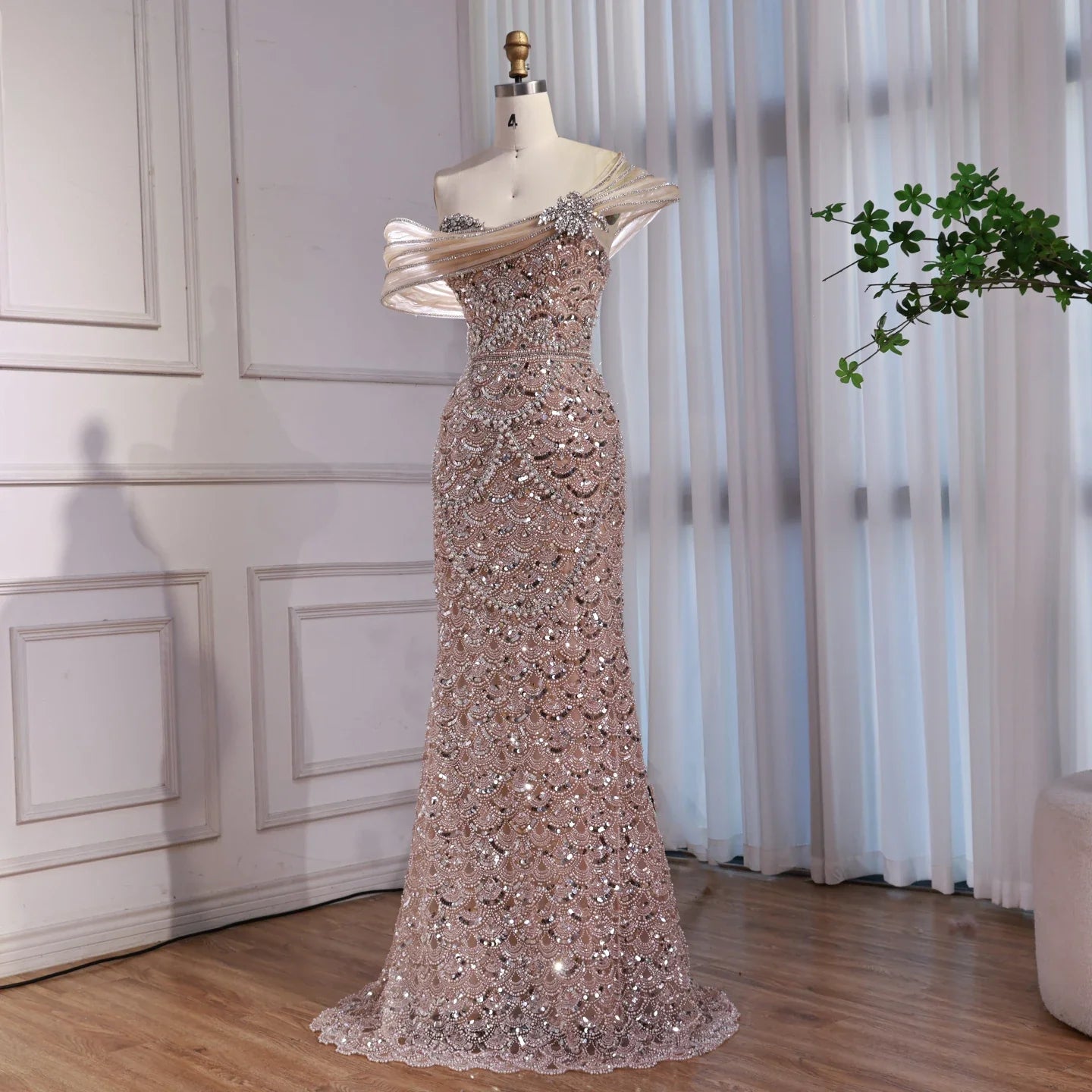 Luxury Nude Beaded Off Shoulder Mermaid Evening Dress LA73365A