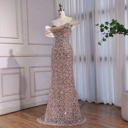 Luxury Nude Beaded Off Shoulder Mermaid Evening Dress LA73365A