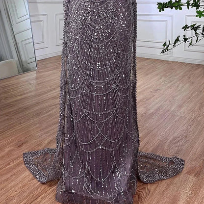 Luxury Blue Mermaid Evening Dress with Cape Sleeves Beaded Gown LA72160A