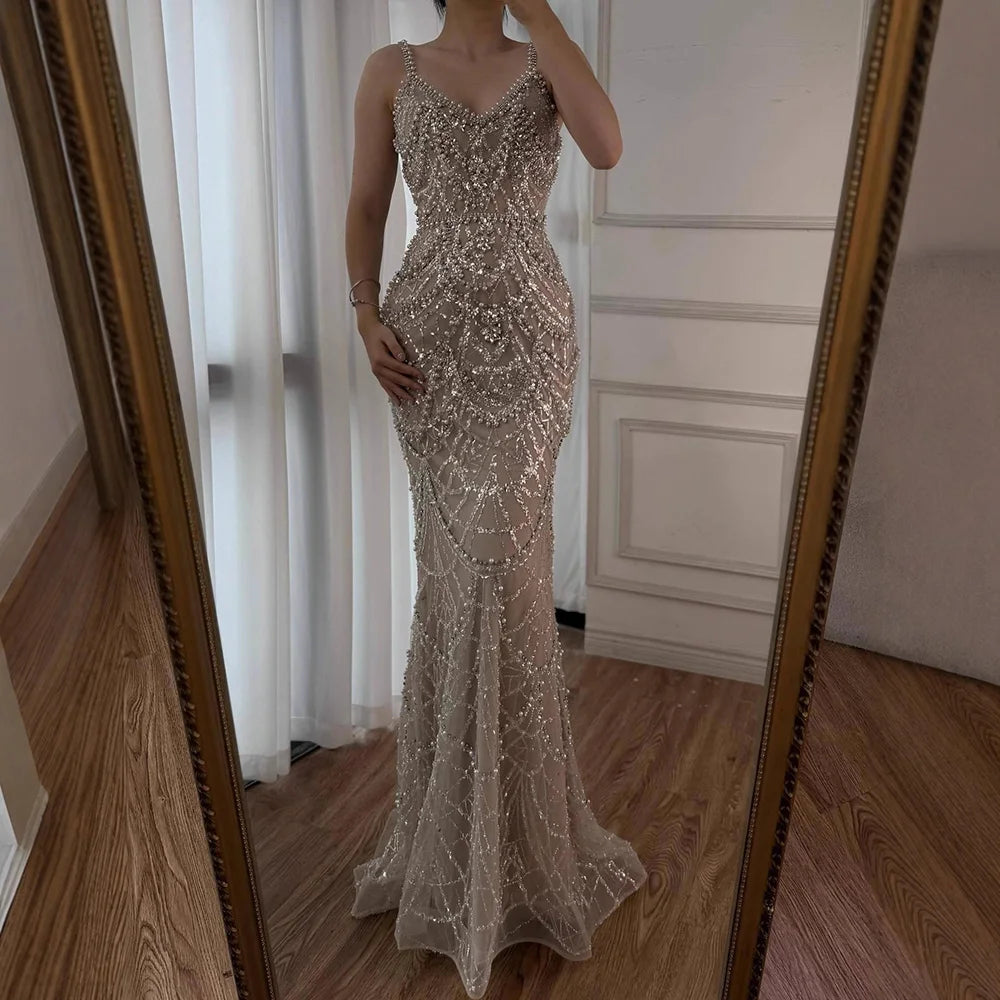 Nude Beaded Mermaid Evening Dress with Pearls LA72986A