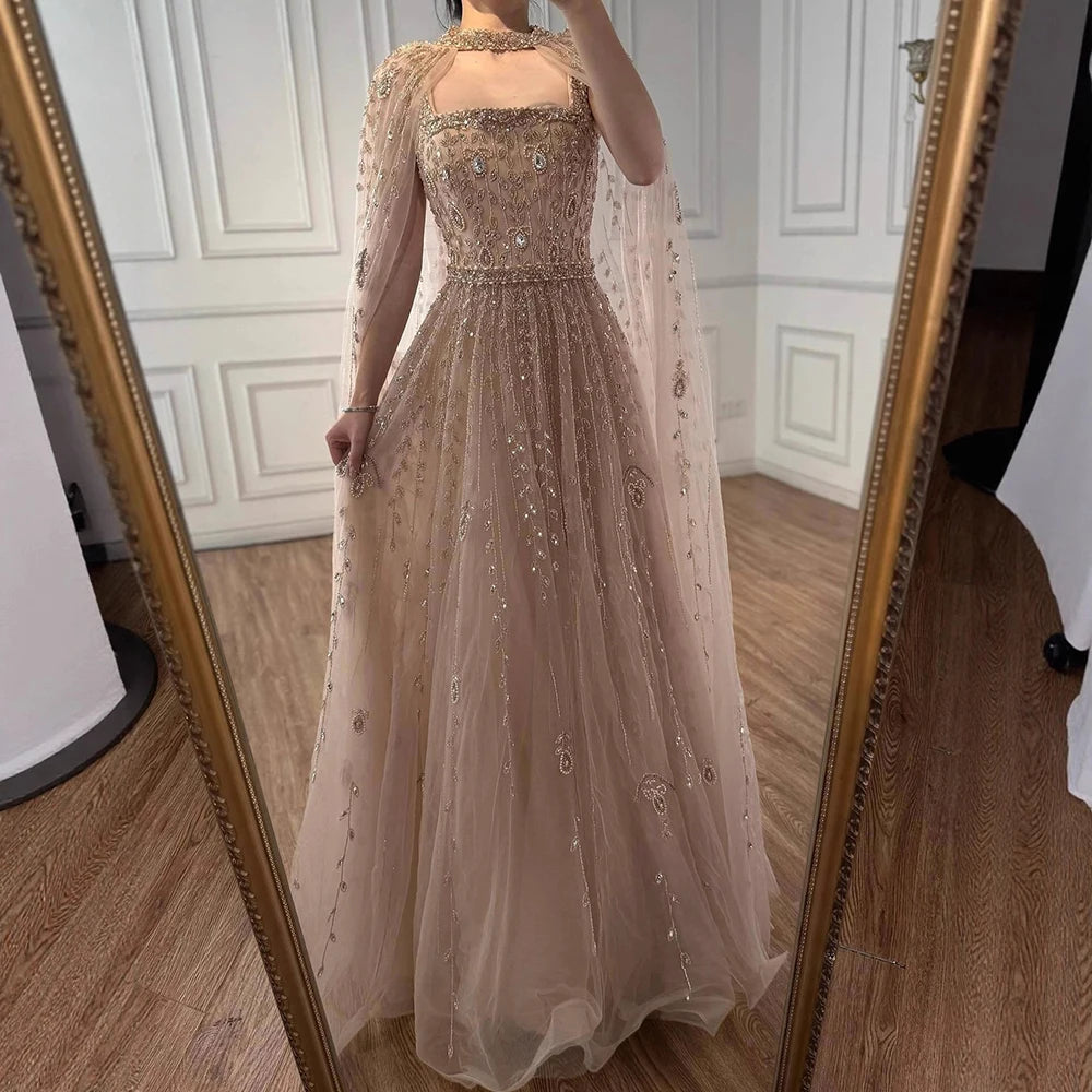 שמלת ערב עם צווארון מרובע וגזרה A עם חרוזים בגוון עירום LA72835 