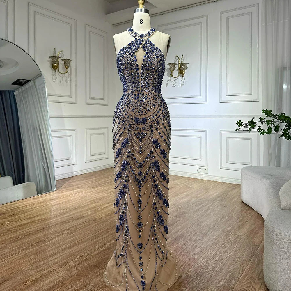 Luxury Dubai Elegant Blue Halter Neck Evening Gown Beaded Dress LA72760
