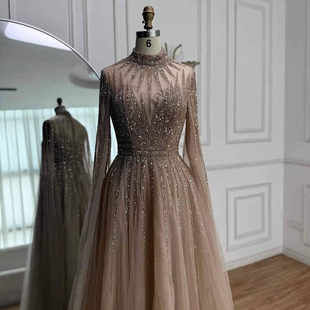 Luxury Arabic Turquoise A-Line Beaded Evening Dress with Cape LA72199