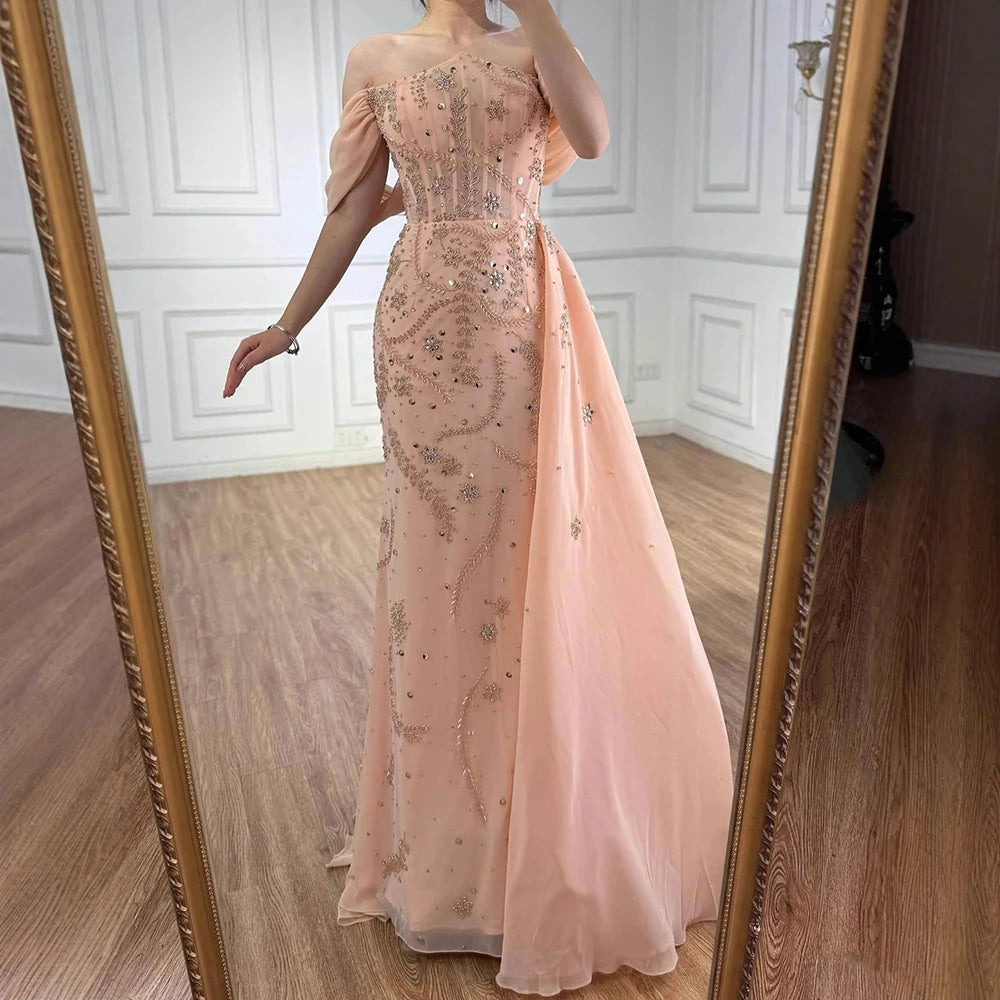 Luxury Nude Off Shoulder Pearl Beaded Mermaid Evening Dress with Overskirt LA73109