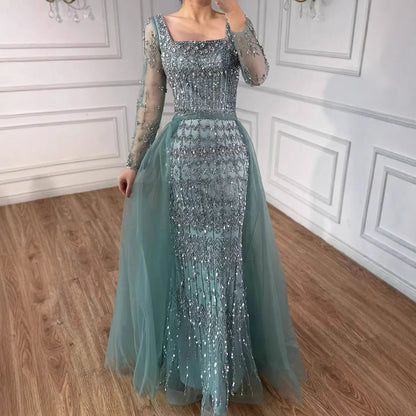 Luxury Arabic Square Neck Beaded Mermaid Evening Dress LA72714D