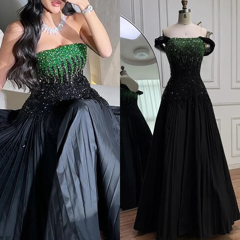Luxury Beaded Black Green Strapless Dubai Evening Dress for Party LA72406