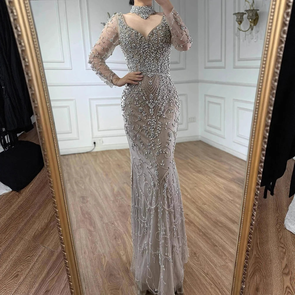 Luxury Caramel Beaded Crystal Mermaid Evening Dress Long Sleeves LA73042B