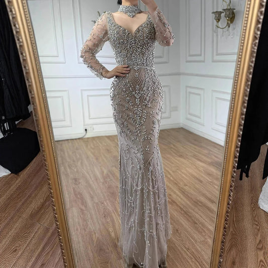 Luxury Caramel Beaded Crystal Mermaid Evening Dress Long Sleeves LA73042B