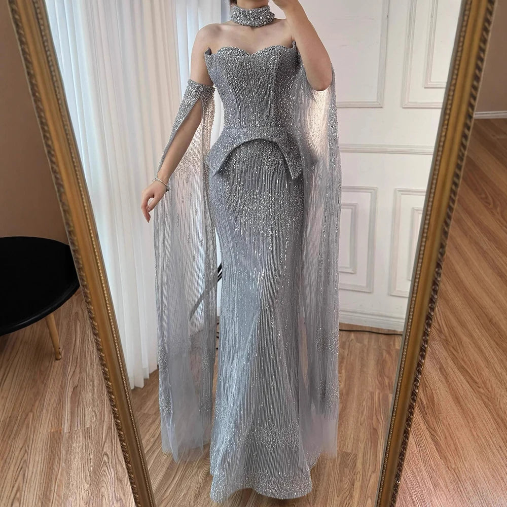 Luxury Gray Beaded Off-Shoulder Evening Dress with Cape Sleeves LA73076