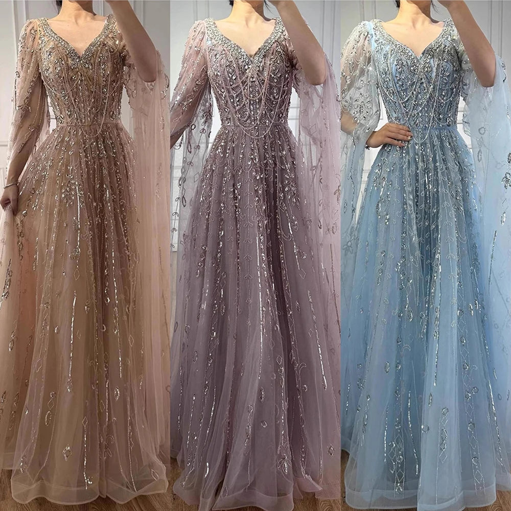 Luxury Nude Beaded Evening Dress with Cape Sleeves for Formal Occasion LA72764A