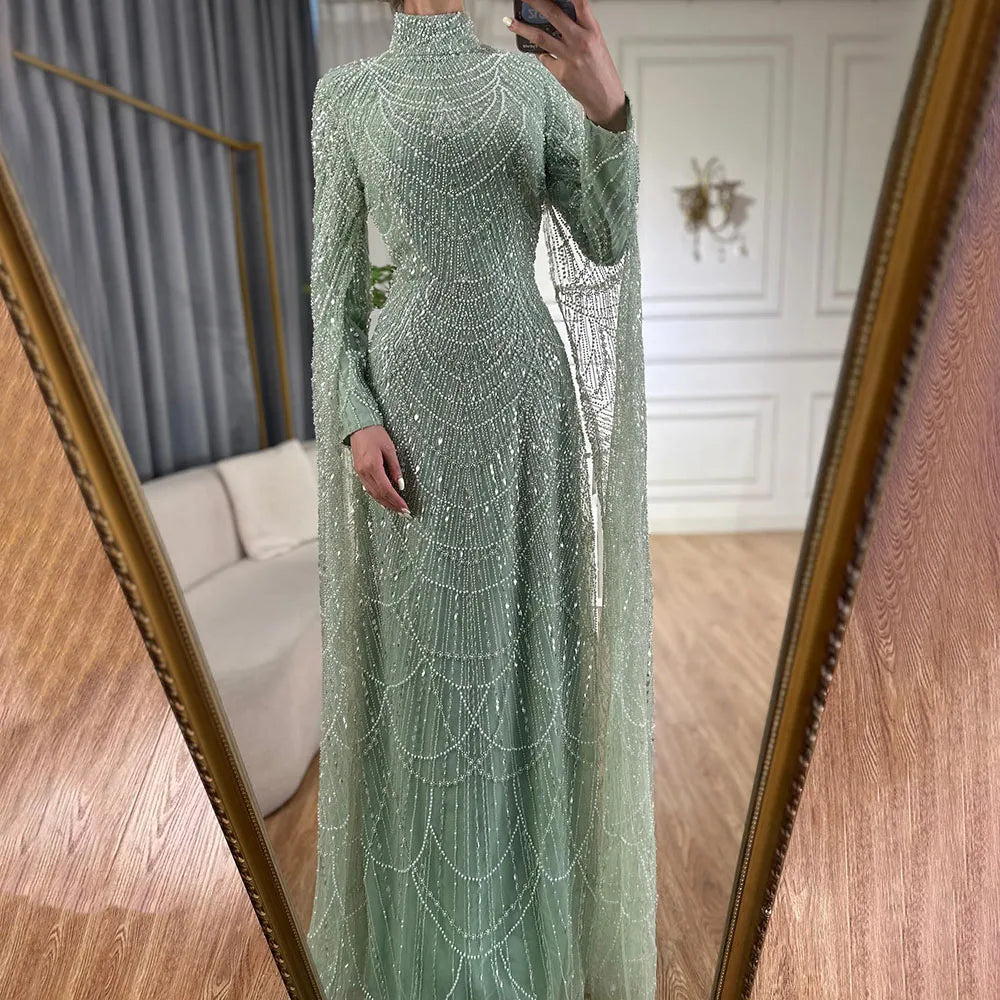 Luxury Dubai  Muslim Sage Green Pearls  Evening  Dress With Cape Plus Size LA72591