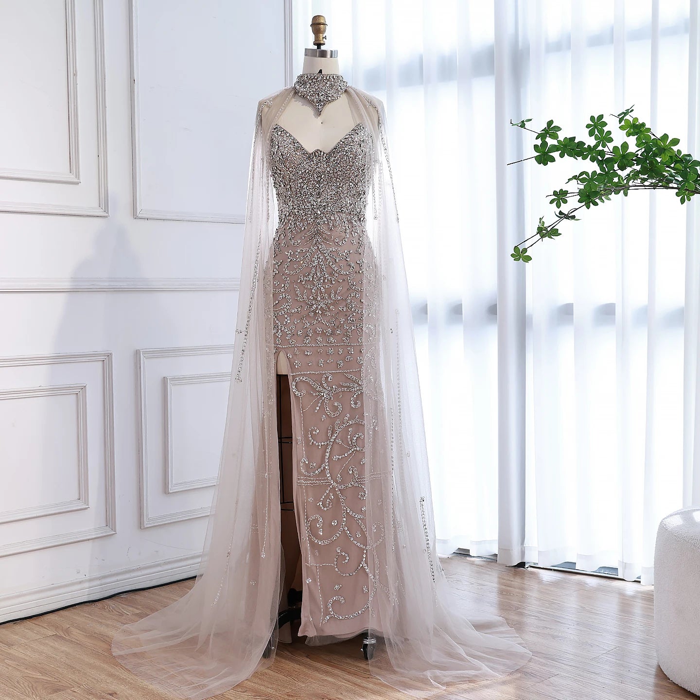 Luxury Sexy Split Evening Dress With Cape Nude LA73339